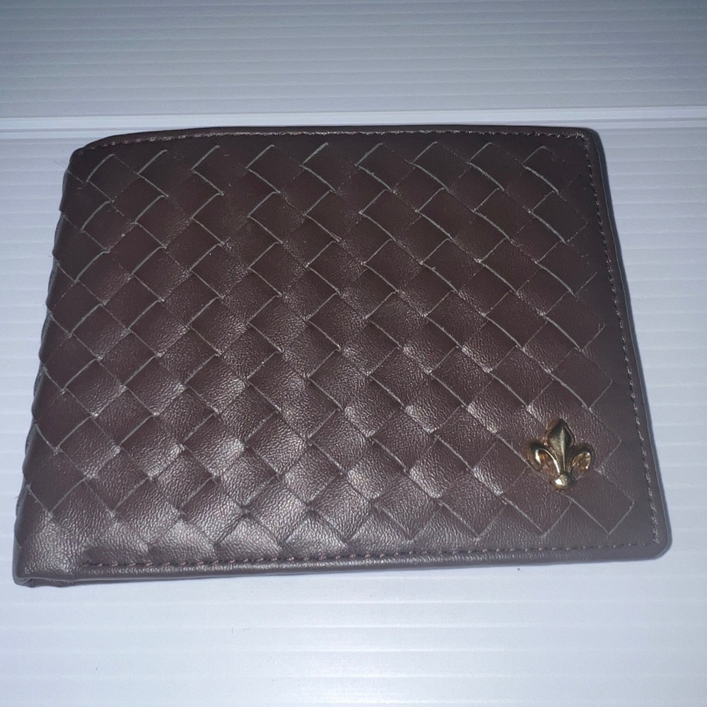 Raffinato Italy Brown Woven Leather Bifold Wallet Fleur-de-lis Vera Pelle Mens